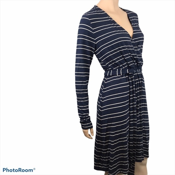 Vineyard Vines Faux Wrap Dress M Navy Striped Long Sleeve Stretch Preppy Classic - Picture 5 of 11